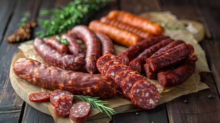 Wall Mural - rustic scene of smoked sausages, including links of chorizo and kielbasa, arranged on a white wooden board in a traditional, appetizing style