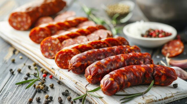 rustic scene of smoked sausages, including links of chorizo and kielbasa, arranged on a white wooden board in a traditional, appetizing style