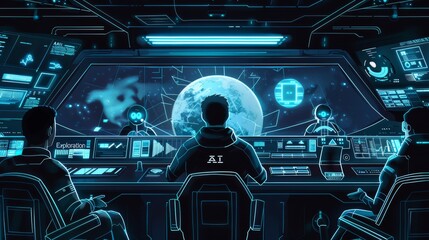 Poster - space station control room in a sci-fi style, with astronauts and ai systems monitoring planetary ex