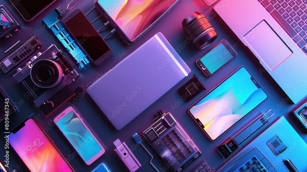 vibrant, dynamic display of various portable electronic devices ...
