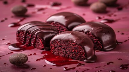 Wall Mural -   Close-up of a cake slice with chocolate frosting and a missing bite