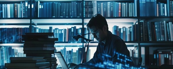A finance professional using machine learning software to predict market trends, coding on a laptop surrounded by financial books