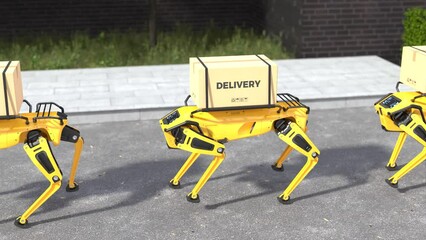 Wall Mural - Robot dog delivering goods, Delivery robotic concept, Three robot dogs are on their way to deliver goods.