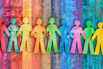 Rainbow illustration of inclusiveness, abstract colourful illustration, silhouette of people supporting each other stand together