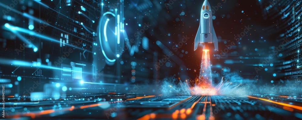 A rocket launching from a computer screen, representing the creative ...