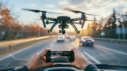 A person using a flying drone or autonomous vehicle for transportation, showcasing the future of aerial and self-driving technology.