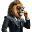 a lion in suit using sunglasses, transparent background, png