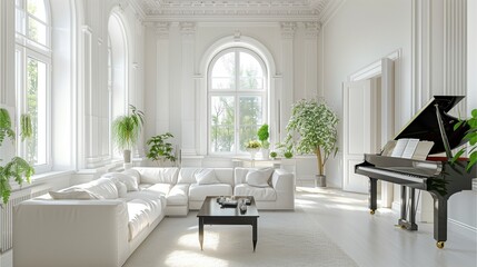 A cool white living room is a clean, fresh color that makes a room feel spacious and bright. There was a large piano and windows overlooking the atmosphere outside,Generative AI illustration.