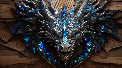 Wall Mural - A 3D rendering of a silver and blue dragon head on a wooden background.