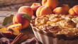 Frischer Pfirsichkuchen auf dem Tisch / Pfirsichkuchen Poster / Obstkuchen Wallpaper / Ki-Ai generiert