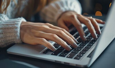 Poster - professional businesswoman typing on laptop keyboard, browsing internet for information, digital wor
