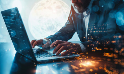 Poster - Businessman Using Laptop for Global Business Intelligence, Data Exchange, Digital Marketing ? Data Science, Network Connectivity Visualization