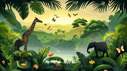 Wall Mural - Immerse yourself in a jungle landscape teeming with wild animals in this vector illustration.