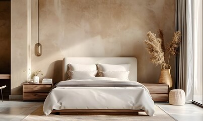 Wall Mural - Minimalist interior design of modern bedroom with beige stucco wall.