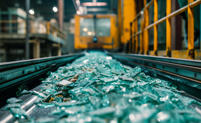 Interior of a glass recycling facility. Focus on the conveyor belts carrying broken glass shards.