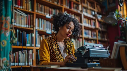 Historical Cafe Worker: A mixed-race female writer in her early 40s, typing on a vintage typewriter at a small table in an ancient library in Europe