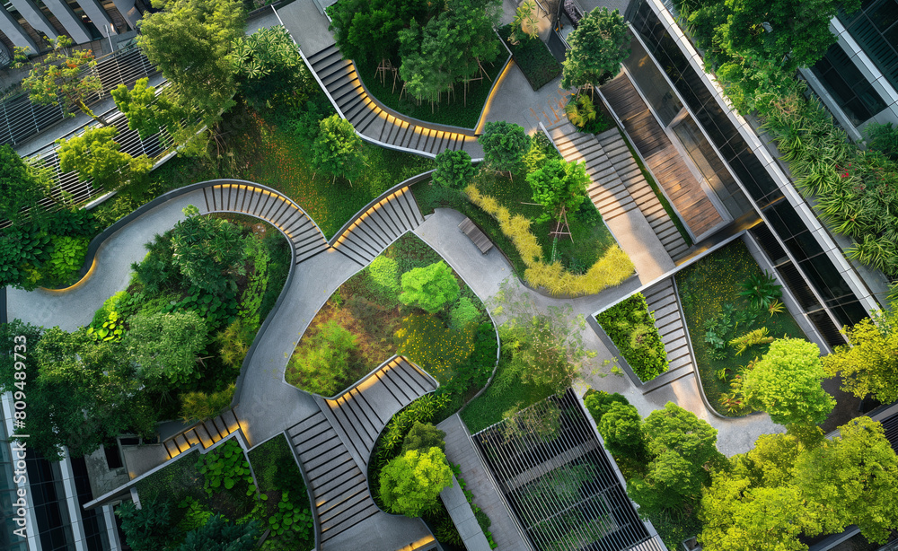 Aerial view of a green roof or a vertical garden in an urban setting ...