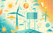 Graphic image with icons representing renewable energy sources like solar panels, wind turbines, and hydropower against a plain, light background. 