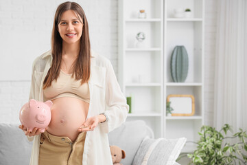 Sticker - Young pregnant woman with piggy bank and coins at home. Maternal Benefit concept