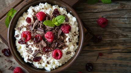 Wall Mural - Natural cottage cheese dessert with raspberry jam dried fruits and grated chocolate in a ceramic bowl on a wooden surface viewed from above with room for text