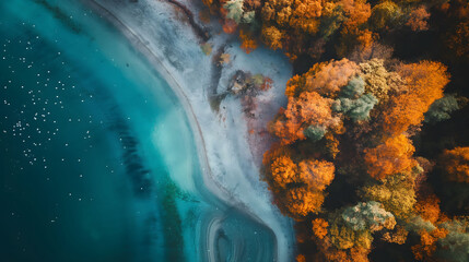 Wall Mural - Aerial view capturing the striking contrast between the vibrant autumn colors of dense forest and the serene turquoise water of a lake, with visible water patterns and floating leaves