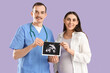 © Pixel-Shot - Young pregnant woman with doctor and sonogram image on lilac background