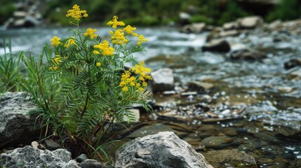 Wall Mural - Mimosa pigra growing among a rocky river and natural grassland