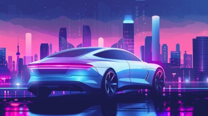 Poster - Illustrate a modern electric car smoothly navigating through a bustling cityscape, highlighting the compact and efficient motor under the hood
