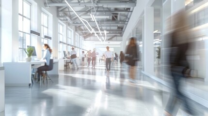 bright business workplace with people in walking in blurred motion in modern office space hyper real