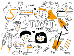 Orange Street food hand drawn doodle icons kawaii cute