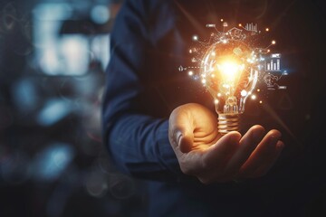 Businessman holding creative light bulb with growth graph and banking icon. Financial innovation technology develops new products and services that enhance success and profit , AI generated