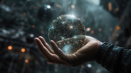 Poster - Businessman hand holding global network, futuristic technology background, Global business, internet network connection, IoT Internet of Things, business intelligence concept