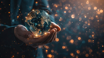 Poster - Businessman hand holding global network, futuristic technology background, Global business, internet network connection, IoT Internet of Things, business intelligence concept