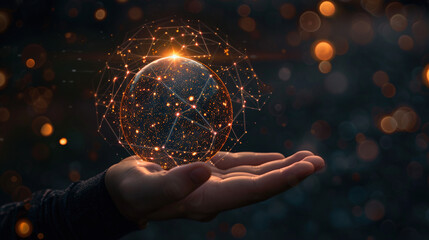 Poster - Businessman hand holding global network, futuristic technology background, Global business, internet network connection, IoT Internet of Things, business intelligence concept
