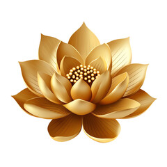 The image is a golden lotus flower. The petals are delicate and lifelike. The image has a soft ,png transparent white background