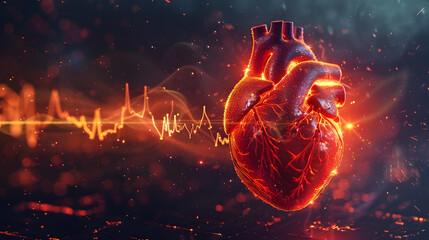 Wall Mural - Highly Detailed Heart Showcasing Cardiac Rhythm and Electrical Activity with Electrocardiogram Overlay