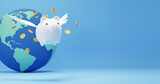 Fototapeta Paryż - Savings money concept design of piggy bank with wings flying and gold coins with global on blue background 3D render