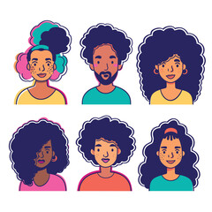 Set diverse cartoon faces, young adults curly hairstyles expressing different emotions. Six characters, male female, smiling, neutral content expressions, vibrant colors, isolated white background