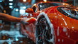Washing Car Close Up Hand with Soap Foam
