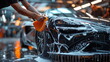 Washing Car Close Up Hand with Soap Foam
