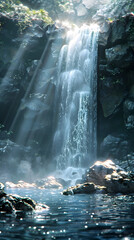 Wall Mural - Majestic Waterfall Cascading Over Jagged Rocks with Shimmering Sunlight Refractions and Luminous Brilliance