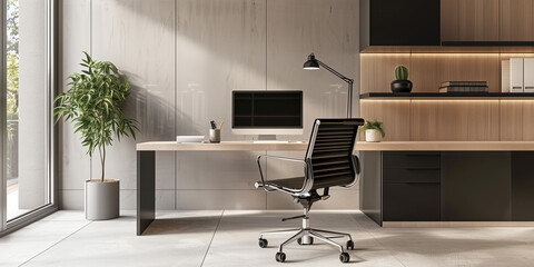 Wall Mural - Minimalist Home Office: Design a minimalist home office space with a streamlined desk, ergonomic chair, and ample storage to maximize productivity and minimize distractions.