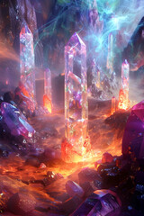 Sticker - Mesmerizing Otherworldly Landscape with Glowing Levitating Crystals and Shimmering Luminescent Formations