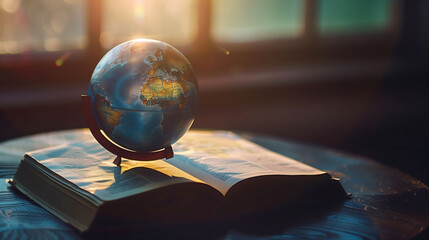 Visualize a striking image where a world globe is isolated atop round book pages, symbolizing knowledge and education on the International Day of Education