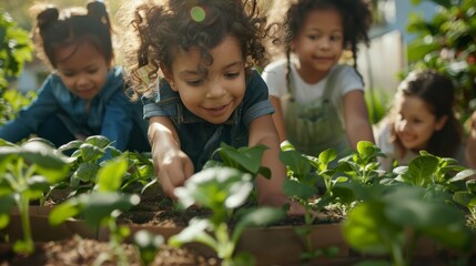 Kids at a community garden, tending to their plants and flowers with enthusiasm. Planting, and enjoying their labor as their garden flourishes hyper realistic 