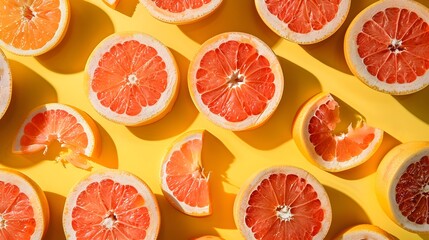 Wall Mural - Vivid Grapefruit Slices Arranged in Captivating Geometric Pattern on Bright Backdrop for Appetizing Magazine Cover