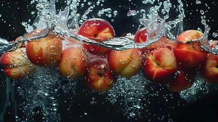 Wall Mural - Ripe Nectarines Plunging into Dramatic Black Water with Captivating Splash Patterns