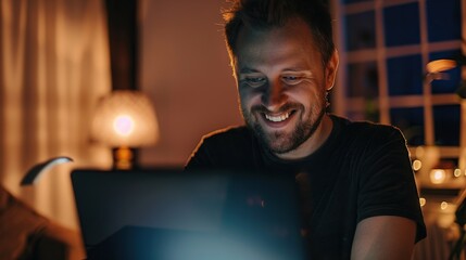 Poster - One man adult caucasian work on laptop at home happy smile man. copy space for text.