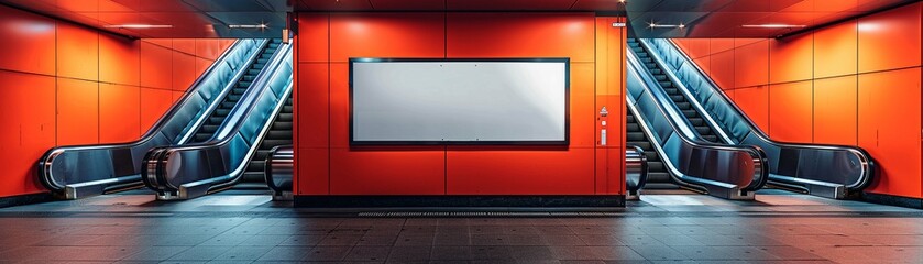 An empty poster mockup on the wall beside an escalator in a subway station offers prime ad space in a highfootfall area.AI Generate