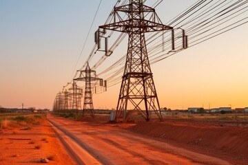 Silhouette of high voltage electrical tower standing tall against majestic desert landscape